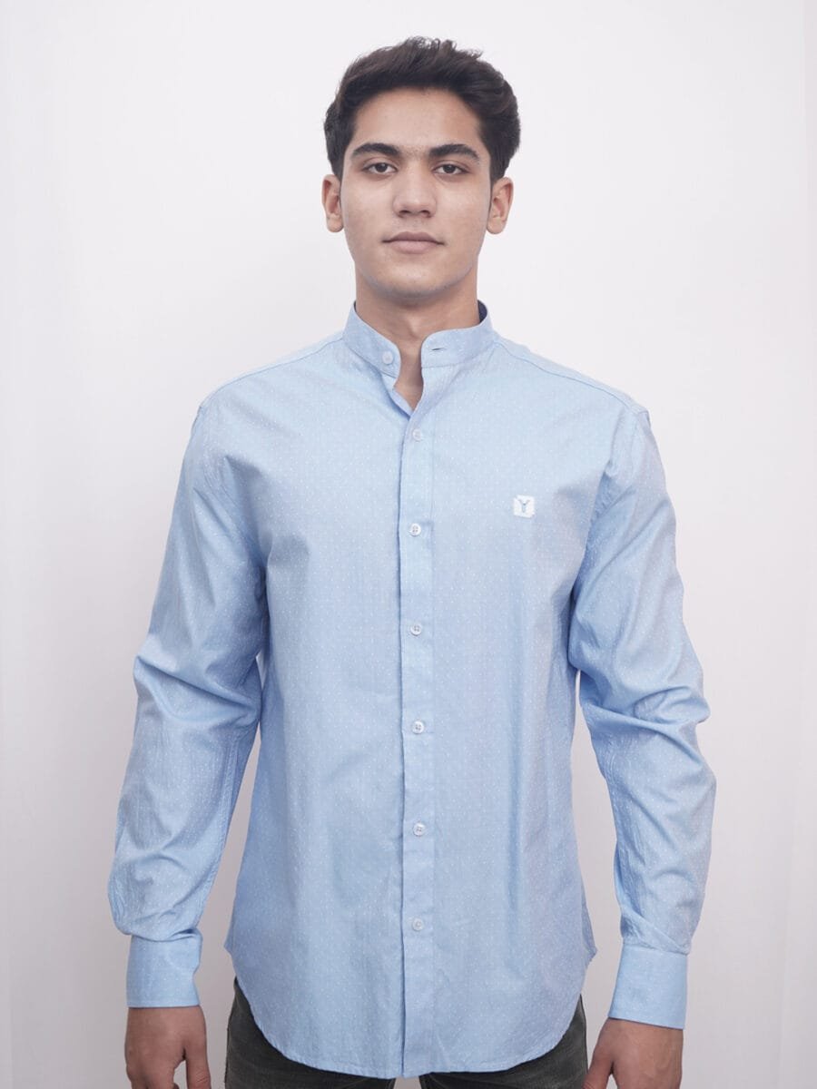 Diamond Dotted Stand-Collar Shirt for Men - Light Blue (White Dotted)